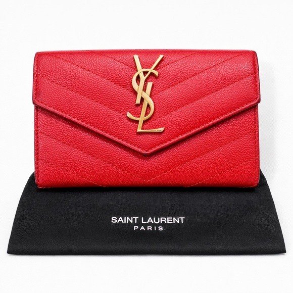 Saint Laurent Handbags - Saint Laurent YSL Red Leather Compact Wallet with Gold Logo GUC
